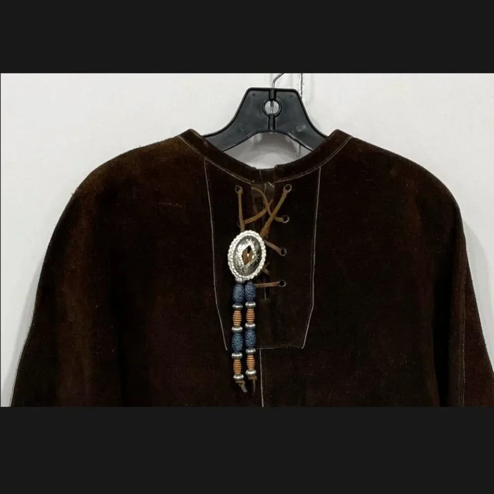Vintage 70s Brown Suede Leather Fringe Poncho Cape Western Boho Hippie Beaded - Picture 2 of 7